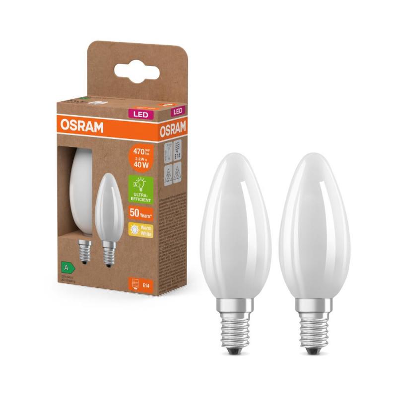 2er Set Osram E14 LED Kerzenlampe CLASSIC besonders effizient matt 2,2W wie 40W 2700K warmweißes Licht - Sehr gute Energieeffizienz